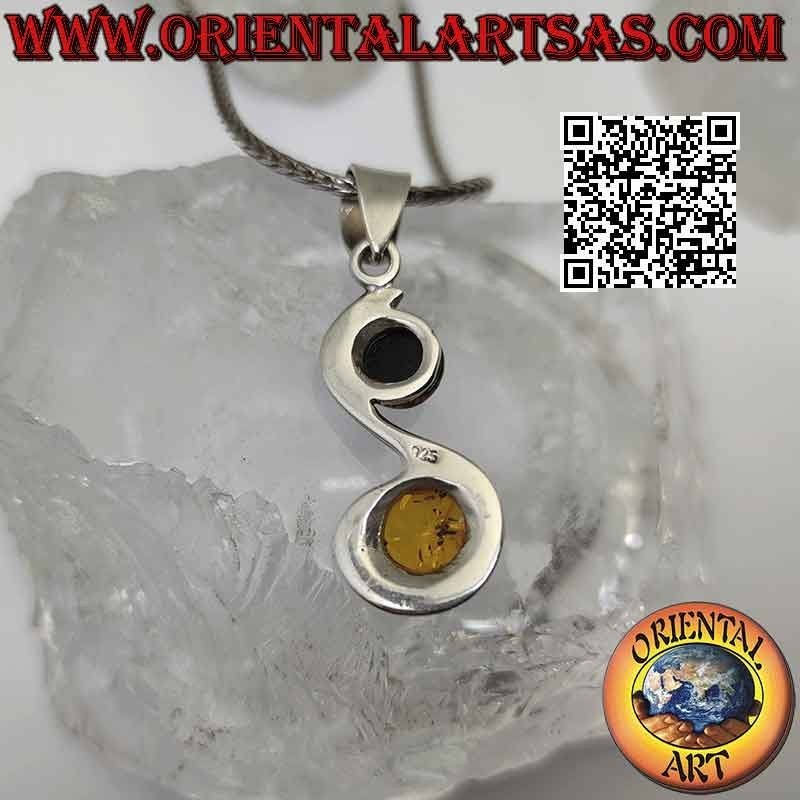 Pendentif en argent en forme de "S" lisse avec ambre baltique rond jaune et vert sur les courbes