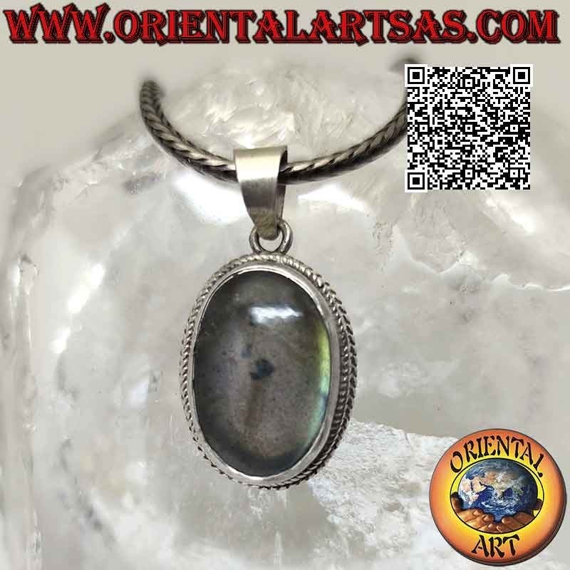 Silver pendant with oval cabochon labradorite surrounded by double weaving and smooth band