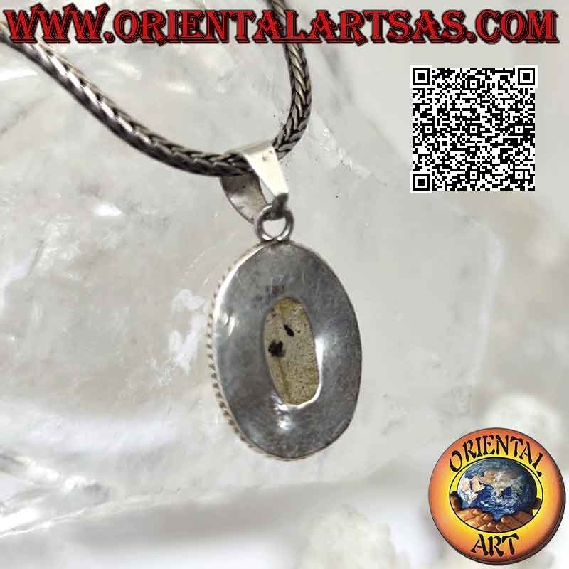 Silver pendant with oval cabochon labradorite surrounded by double weaving and smooth band