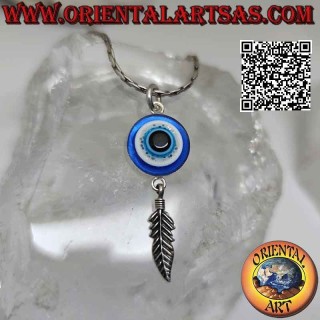 Pendentif en argent, l'oeil d'Allah (amulette contre le mauvais oeil et la malchance) avec pendentif plume