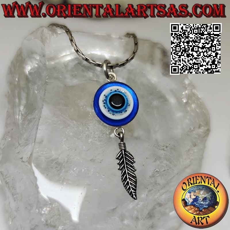 Pendentif en argent, l'oeil d'Allah (amulette contre le mauvais oeil et la malchance) avec pendentif plume