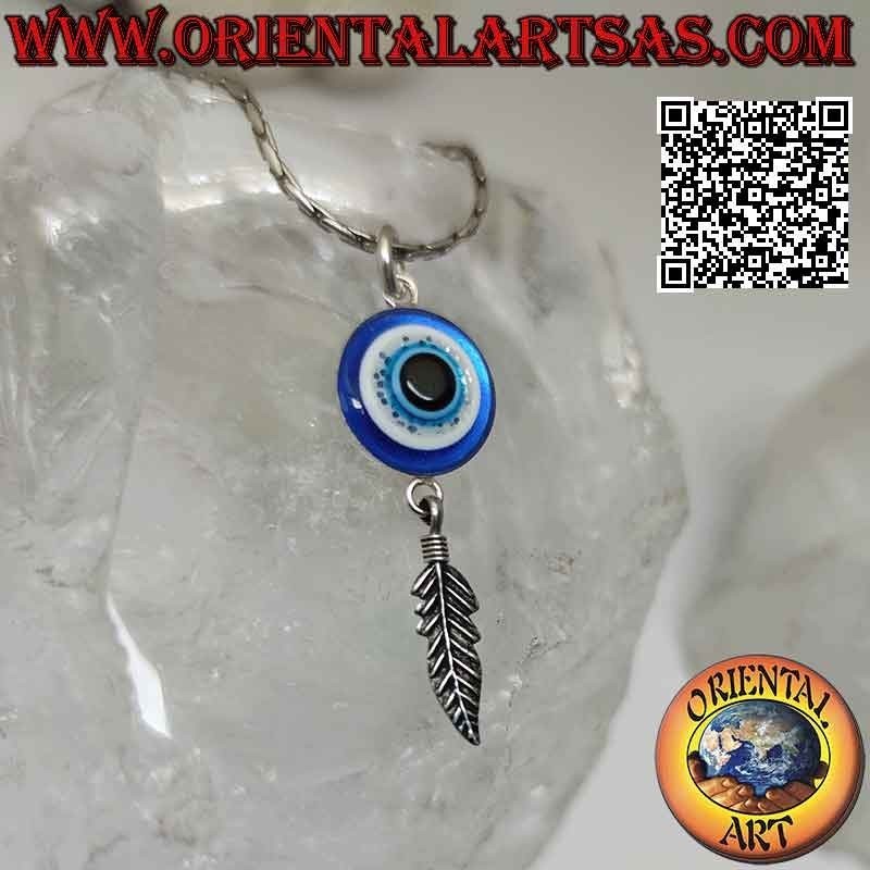 Silver pendant, the eye of Allah (amulet against evil eye and bad luck) with pendant feather