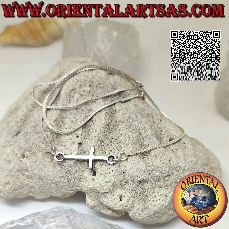 Collana in argento 925 ‰ snake piatto con croce orizzontale liscia (croce nordica o "Gesù che salva il popolo") da 42 cm