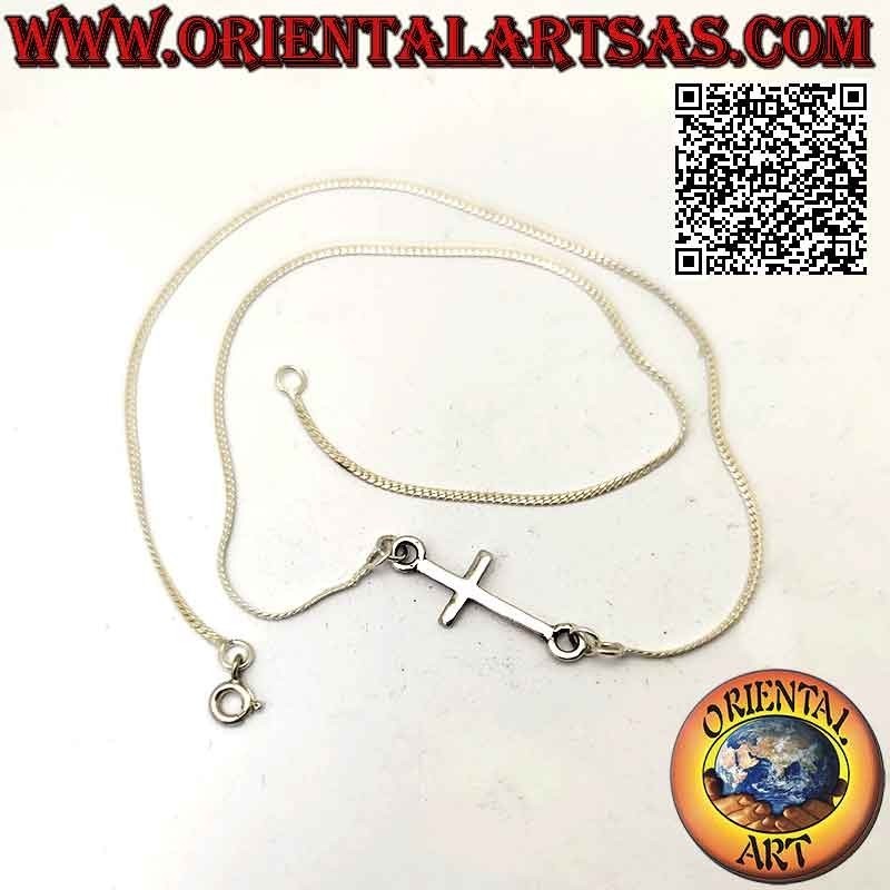 Collier serpent plat en argent 925‰ avec croix horizontale lisse (croix nordique ou "Jésus sauvant le peuple") 42 cm
