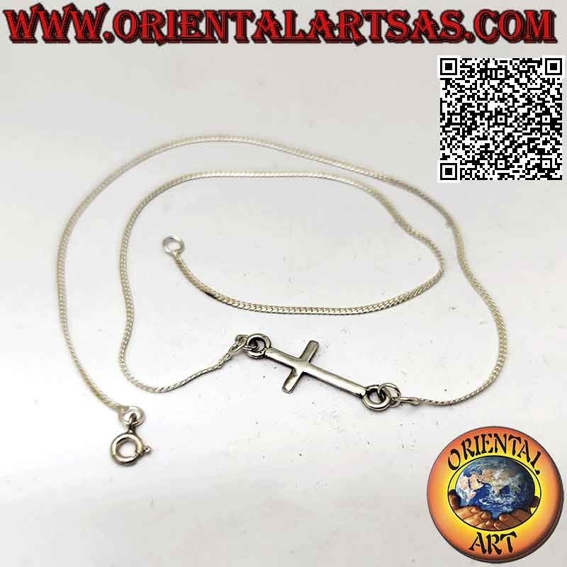 Collar serpiente plana de plata 925‰ con cruz lisa horizontal (cruz nórdica o "Jesús salvando al pueblo") 42 cm