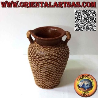 Vaso tradizionale di Lombok a due maniglie in terracotta e filo di midollino intrecciato fatto a mano (25 cm e 20 cm ø)