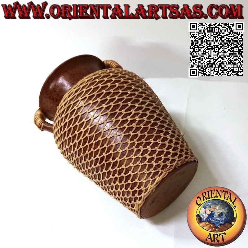 Vaso tradizionale di Lombok a due maniglie in terracotta e filo di midollino intrecciato fatto a mano (25 cm e 20 cm ø)