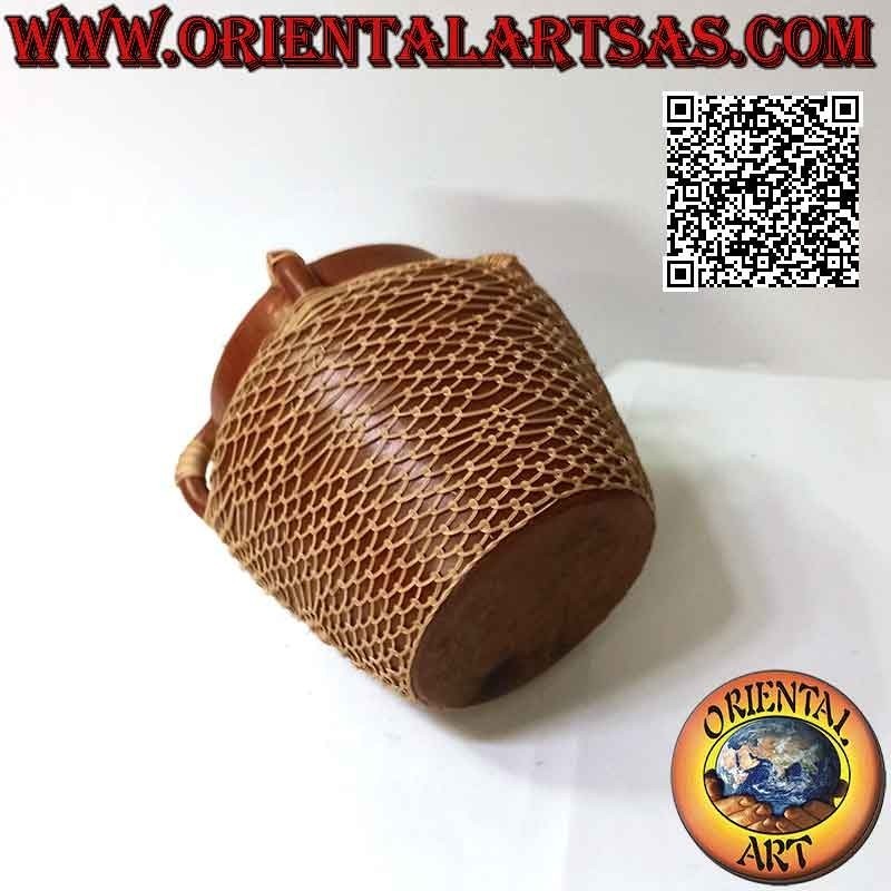 Vaso tradizionale di Lombok a quattro maniglie in terracotta e filo di midollino intrecciato fatto a mano (20 cm e 20 cm ø)