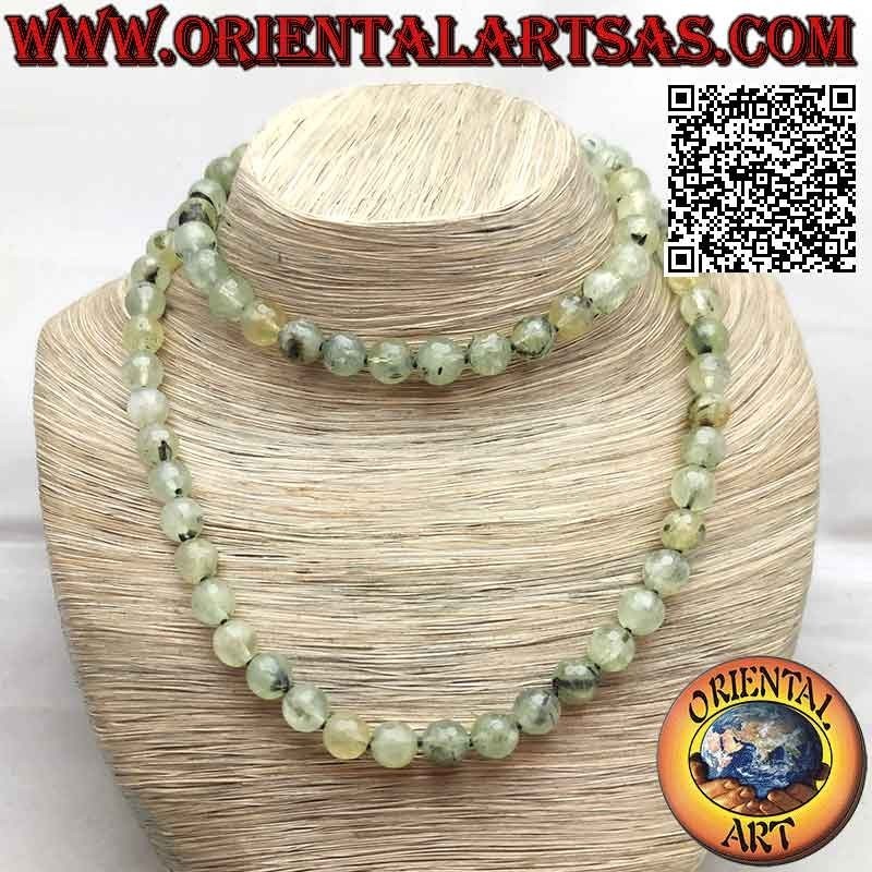 Collana Prehnite Naturale Sfaccettata 10mm Annodata Argento 80cm