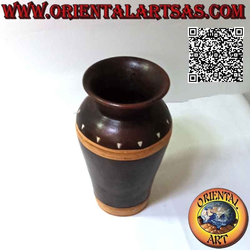 Traditional Lombok vase in dark terracotta with wicker and white triangles, handmade (30 cm and 18 cm ø)