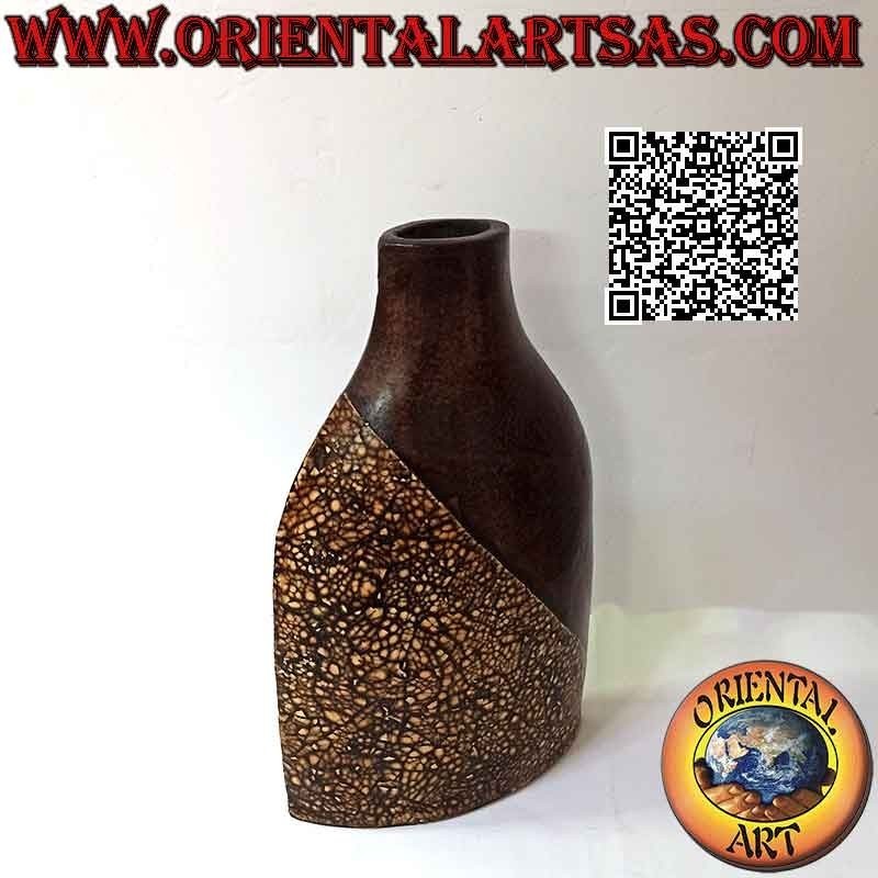 Ethnic flower holder with Balinese decoration and oval mouth in terracotta, handmade (38 cm and 22x9 cm)