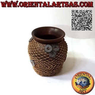 Terracotta vase, woven wicker wire and ancient Chinese lucky coins, handmade (14 cm and 13 cm ø)