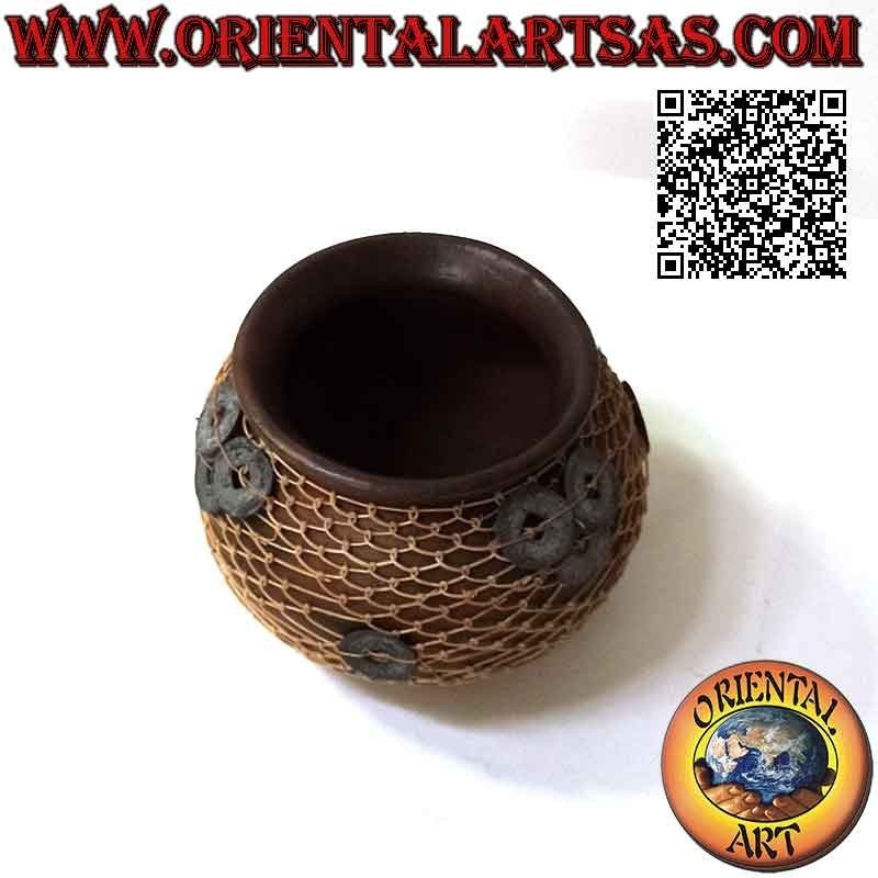 Terracotta vase, woven wicker wire and ancient Chinese lucky coins, handmade (12 cm and 15 cm ø)