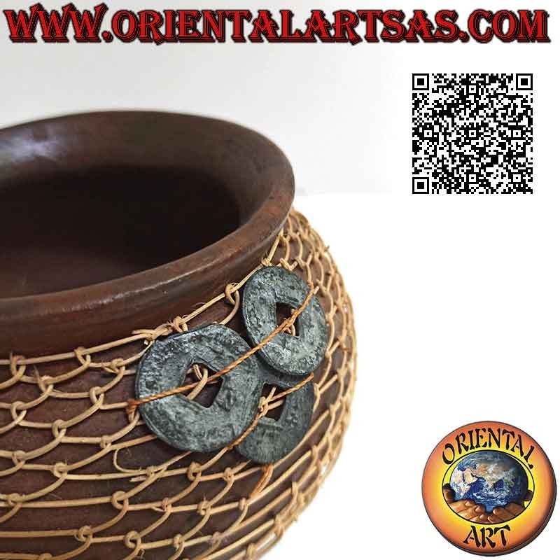 Terracotta vase, woven wicker wire and ancient Chinese lucky coins, handmade (12 cm and 15 cm ø)