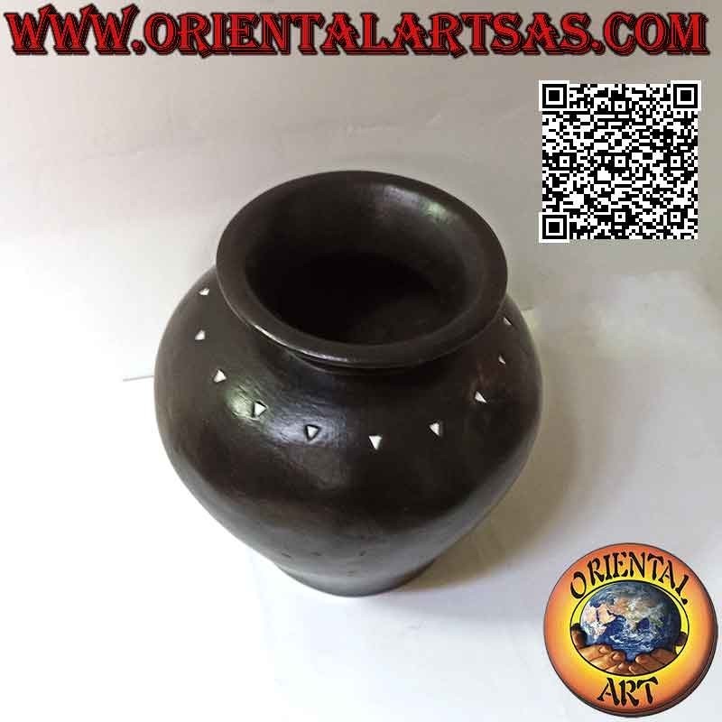 Vaso fioriera tradizionale di Lombok in terracotta scura e triangolini bianchi, fatto a mano (28 cm e 30 cm ø)