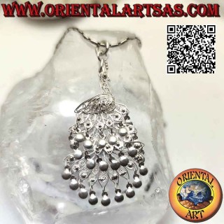 Silver pendant, hand made filigree in the shape of a large peacock
