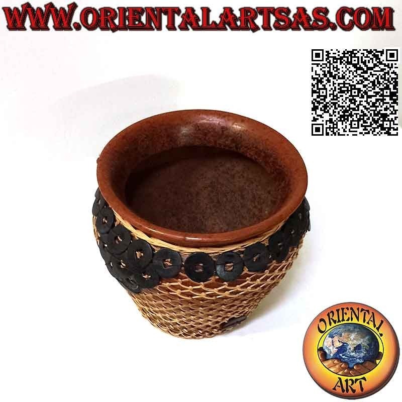 Jarrón de terracota, alambre de mimbre tejido y reproducción de monedas chinas, hecho a mano (17 cm y 19 cm ø)