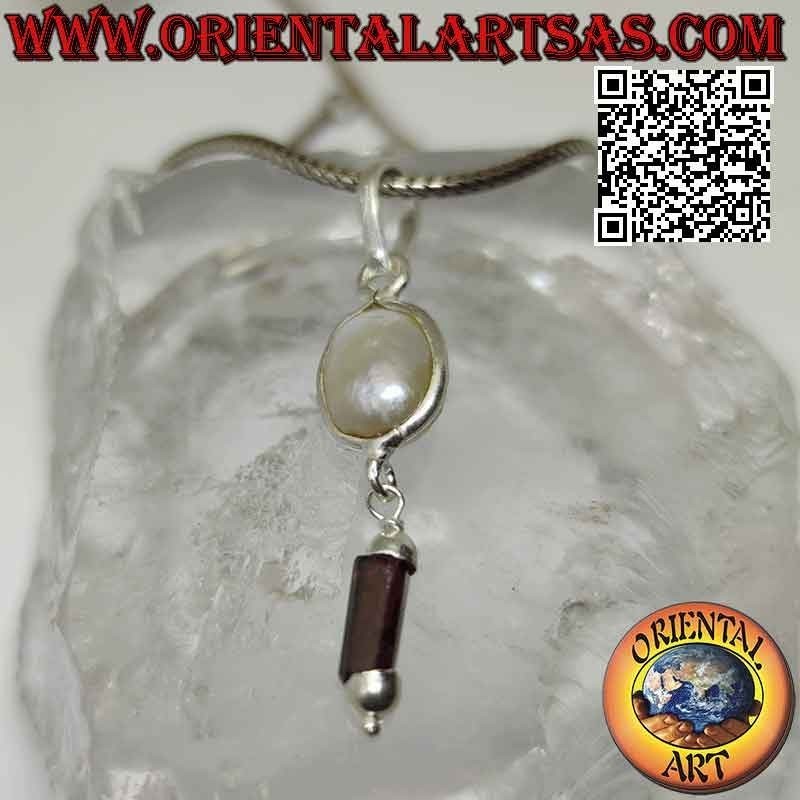 Silver pendant with scaramazza pearl and pendant garnet prism (c)