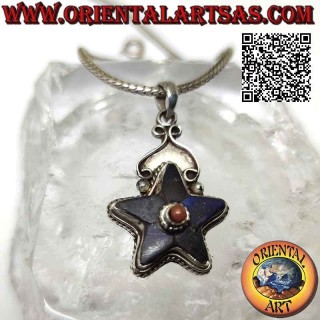Colgante de plata, estrella de lapislázuli con coral natural antiguo central