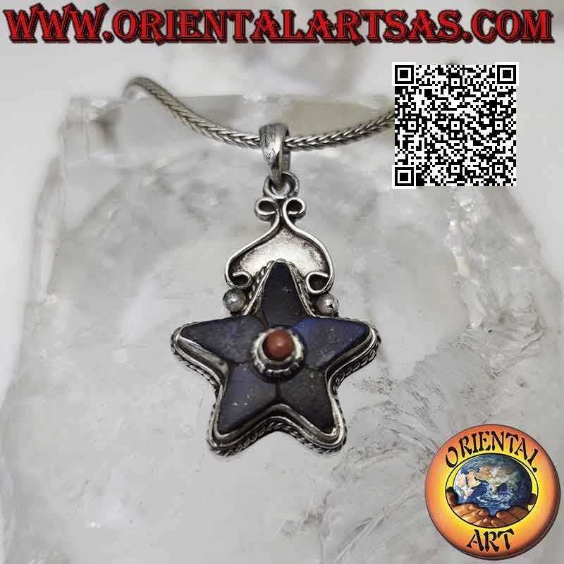 Colgante de plata, estrella de lapislázuli con coral natural antiguo central