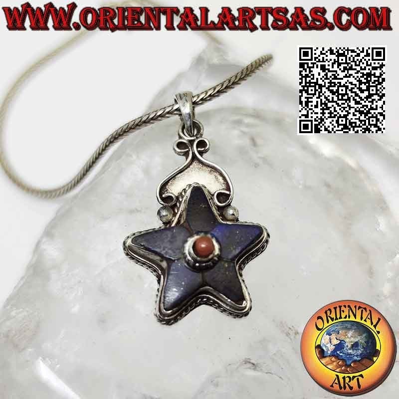 Silver pendant, lapis lazuli star with central antique natural coral