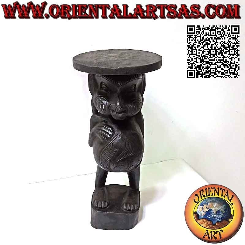 Tabouret rond avec assise soutenue par une sculpture de style aborigène en bois de teck (25 cm Ø)