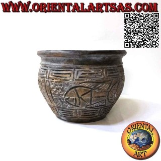 Vaso porta piante con decoro e pesci in rilievo in terracotta, fatto a mano (20 cm e 28 cm ø)