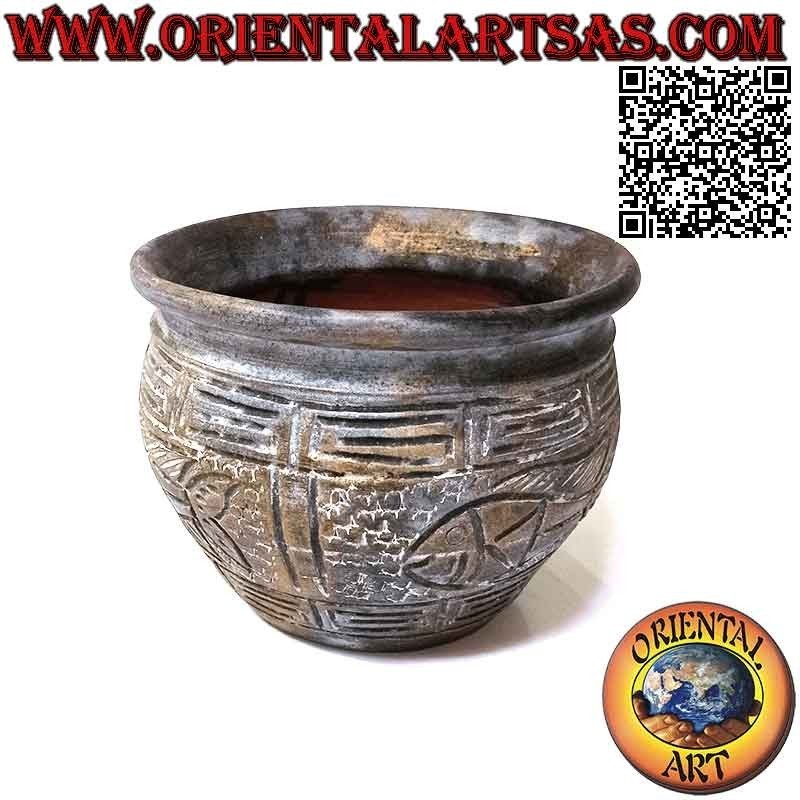 Vaso porta piante con decoro e pesci in rilievo in terracotta, fatto a mano (20 cm e 28 cm ø)