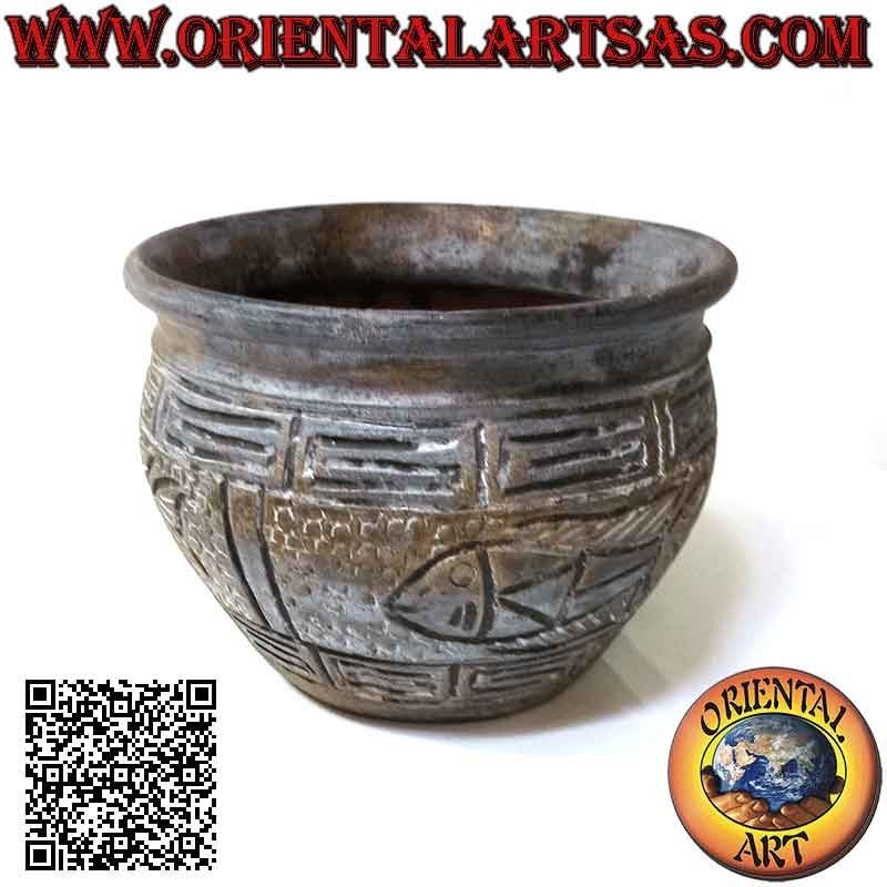 Vaso porta piante con decoro e pesci in rilievo in terracotta, fatto a mano (20 cm e 28 cm ø)