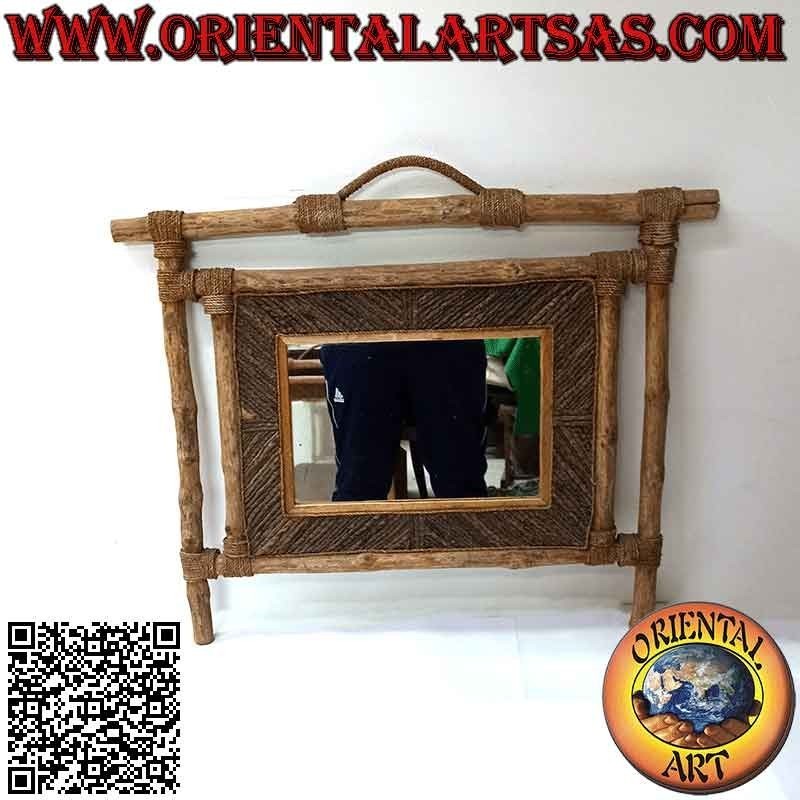 Specchio da parete, rettangolare in legno di caffé e decorazioni in fibre vegetali (50 x 64 cm)