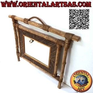 Specchio da parete, rettangolare in legno di caffé e decorazioni in fibre vegetali (50 x 64 cm)