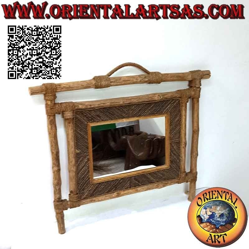 Specchio da parete, rettangolare in legno di caffé e decorazioni in fibre vegetali (50 x 64 cm)