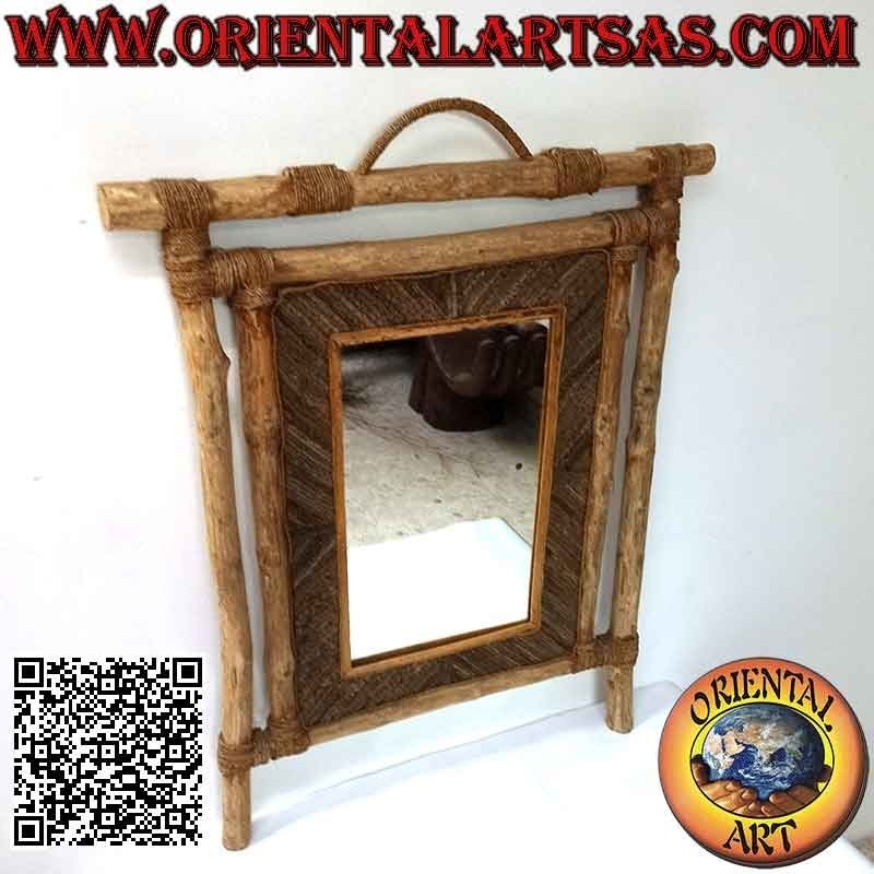 Specchio da parete, rettangolare in legno di caffé e decorazioni in fibre vegetali (73 x 60 cm)