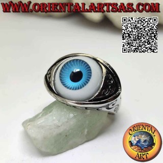 Anello in acciaio chirurgico (316L), a forma di occhio azzurro sporgente con palpebre incise