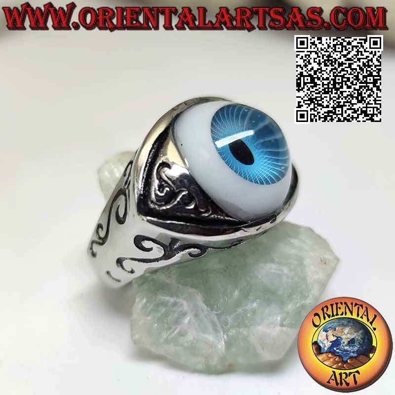 Bague en acier chirurgical (316L), en forme d'oeil bleu saillant avec paupières gravées