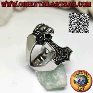 Anillo de acero quirúrgico (316L), martillo de Thor con grabados celtas y cabeza de león en relieve