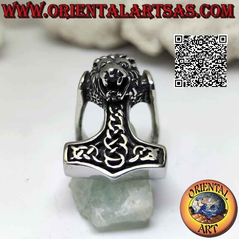 Anello in acciaio chirurgico (316L), martello di Thor con incisioni celtiche e testa di leone in rilievo