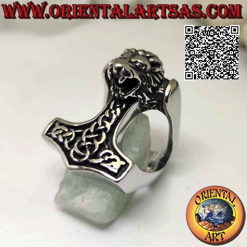 Anillo de acero quirúrgico (316L), martillo de Thor con grabados celtas y cabeza de león en relieve