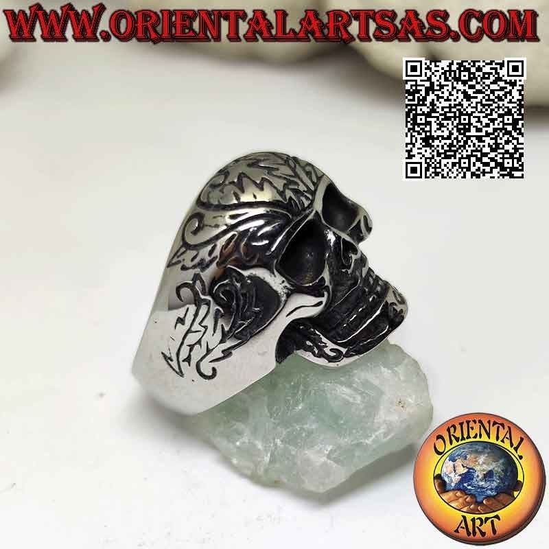 Surgical steel ring (316L), skull with tribal engravings on the front and sides