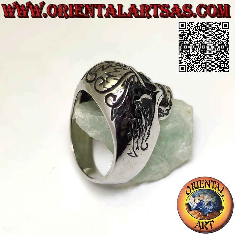 Surgical steel ring (316L), skull with tribal engravings on the front and sides