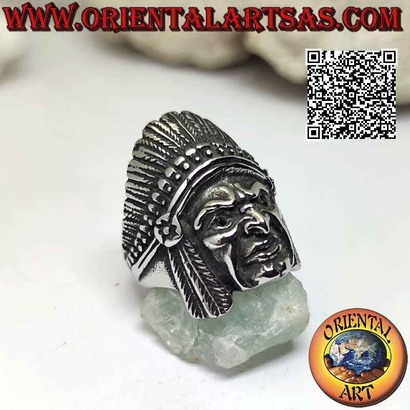 Anello in acciaio chirurgico (316L) testa di un combattente indiano nativo d'America con copricapo di piume