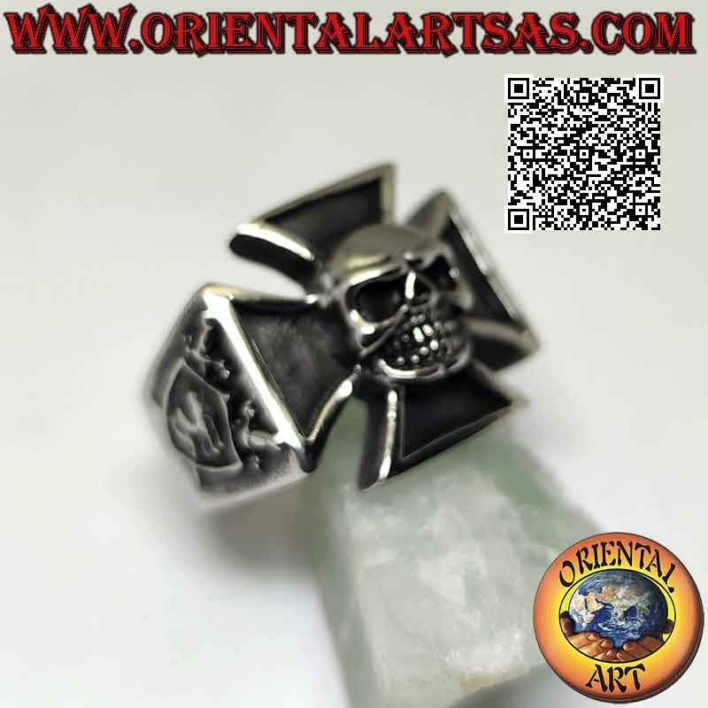 Surgical steel ring (316L), patent cross or iron cross with central skull and coats of arms on the sides