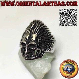 Anello in acciaio chirurgico (316L), teschio di un Indiano nativo d'America con copricapo di piume
