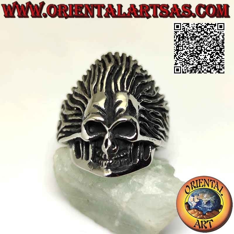 Anello in acciaio chirurgico (316L), teschio di un Indiano nativo d'America con copricapo di piume