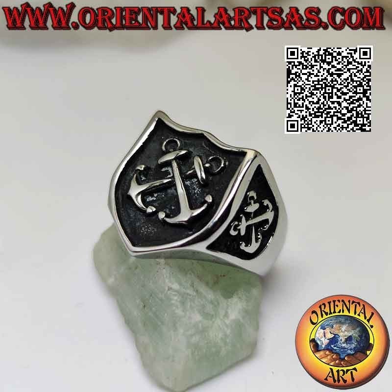 Surgical steel ring (316L), anchor in bas-relief in the central coat of arms and on the sides