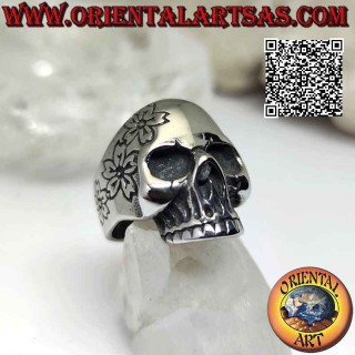 Anello in acciaio chirurgico (316L), teschio messicano "calanca" liscio con decorazione floreale incisa su un lato