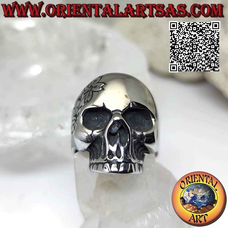 Anillo de acero quirúrgico (316L), calavera mexicana "calanca" lisa con decoración floral grabada en un lado