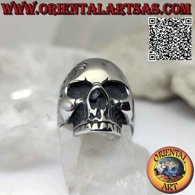 Chirurgenstahlring (316L), glatter mexikanischer „calanca“-Totenkopf mit einseitig graviertem Blumendekor