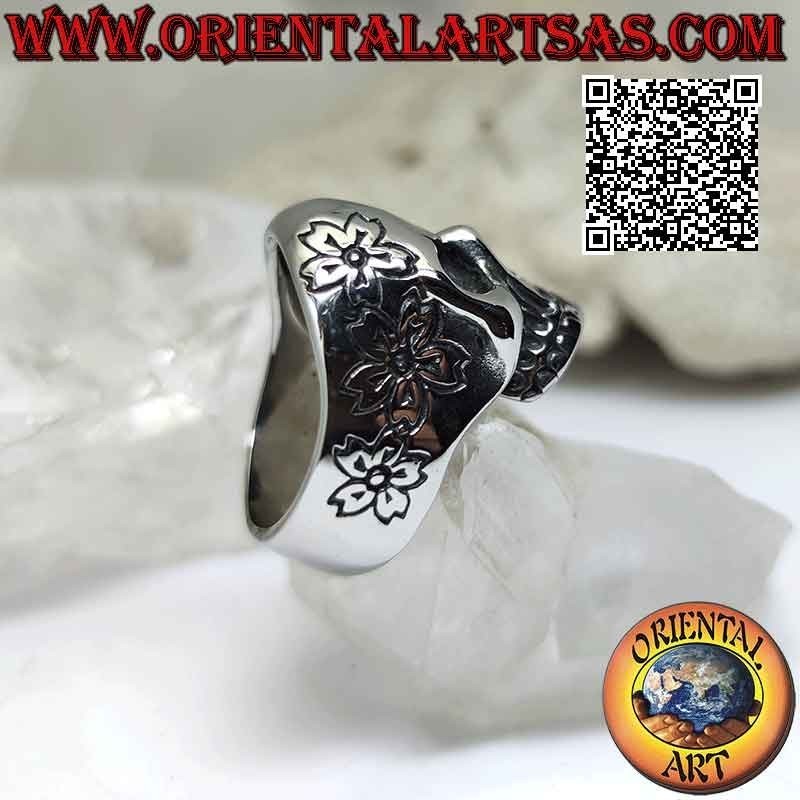 Chirurgenstahlring (316L), glatter mexikanischer „calanca“-Totenkopf mit einseitig graviertem Blumendekor