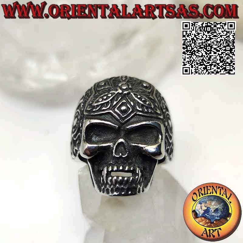 Bague en acier chirurgical (316L), tête de mort "calanca" mexicaine à décor tribal en bas-relief